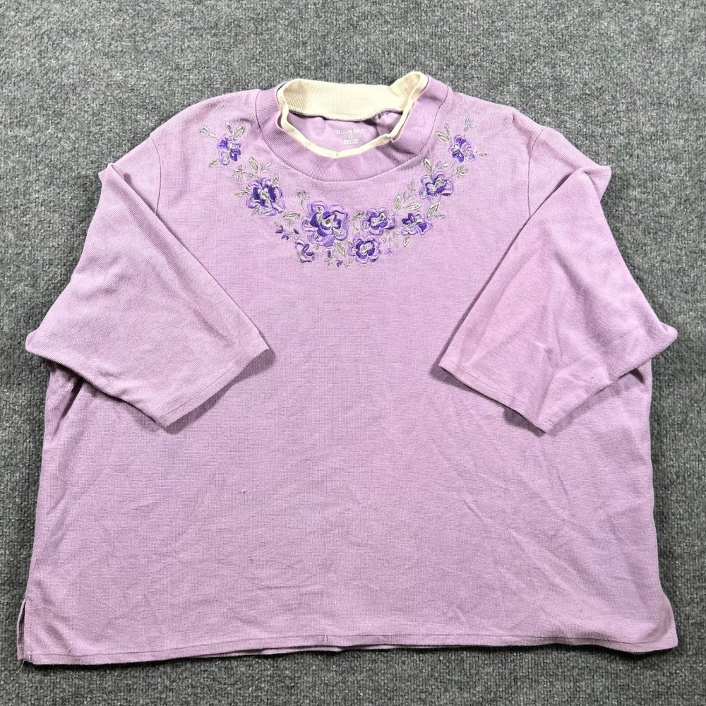 Allison Daley Top Womens Size 3X Purple Floral Embroidered Knit Short Sleeve
